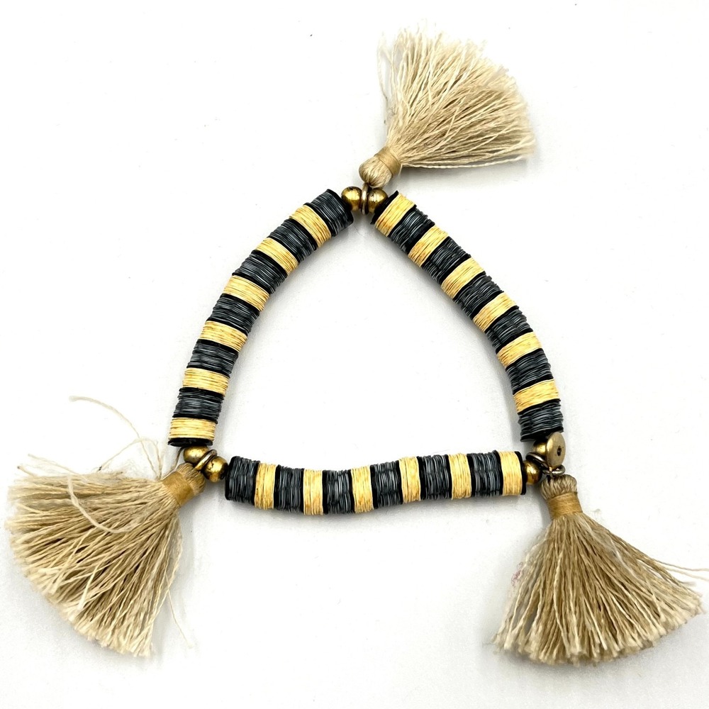 Vintage Brass Tone Stacked Disc Bead Stretch Bracelet Tassel Trim Black Tan Boho